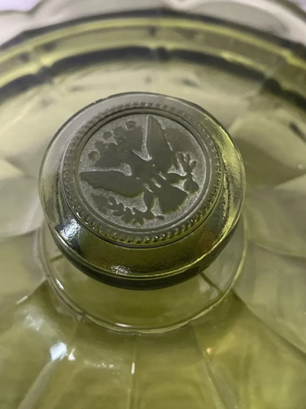 Vintage Fostoria Coin Glass Olive Green Covered Candy Dish